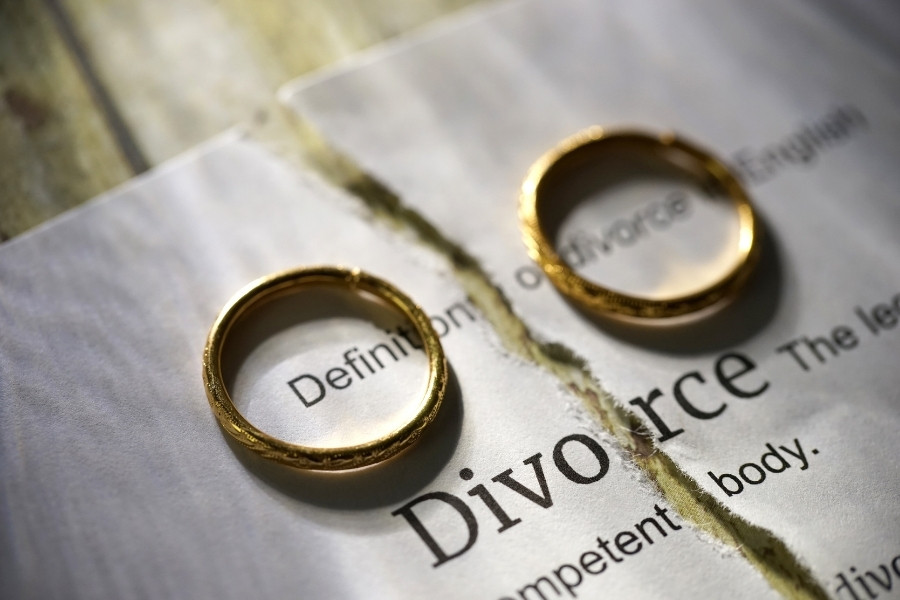 Two wedding rings on a paper written divorce