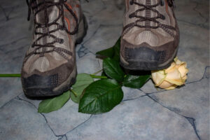 a pair of shoes stepping on a rose on a concrete floor