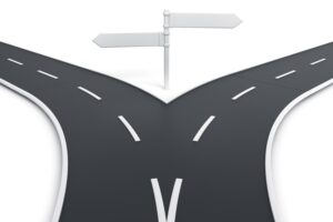 an image of a road dividing into two with two signs pointing in different directions
