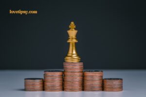 a golden king on top of stacks of coins